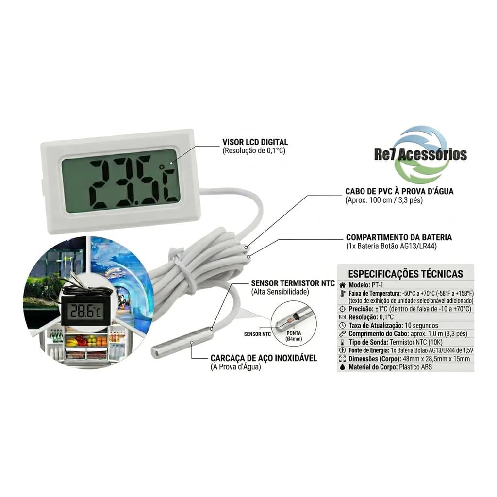 Termômetro Digital Freezer Geladeira Aquário Chocadeira Preto