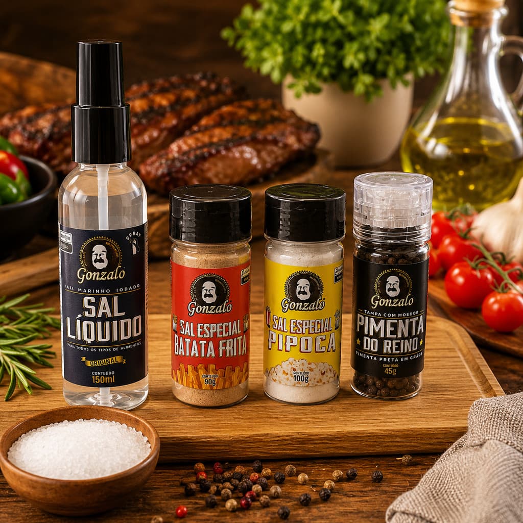 Kit Temperos Gourmet Sal Líquido Pimenta do Reino Com Moedor Sal Batata Frita e Pipoca