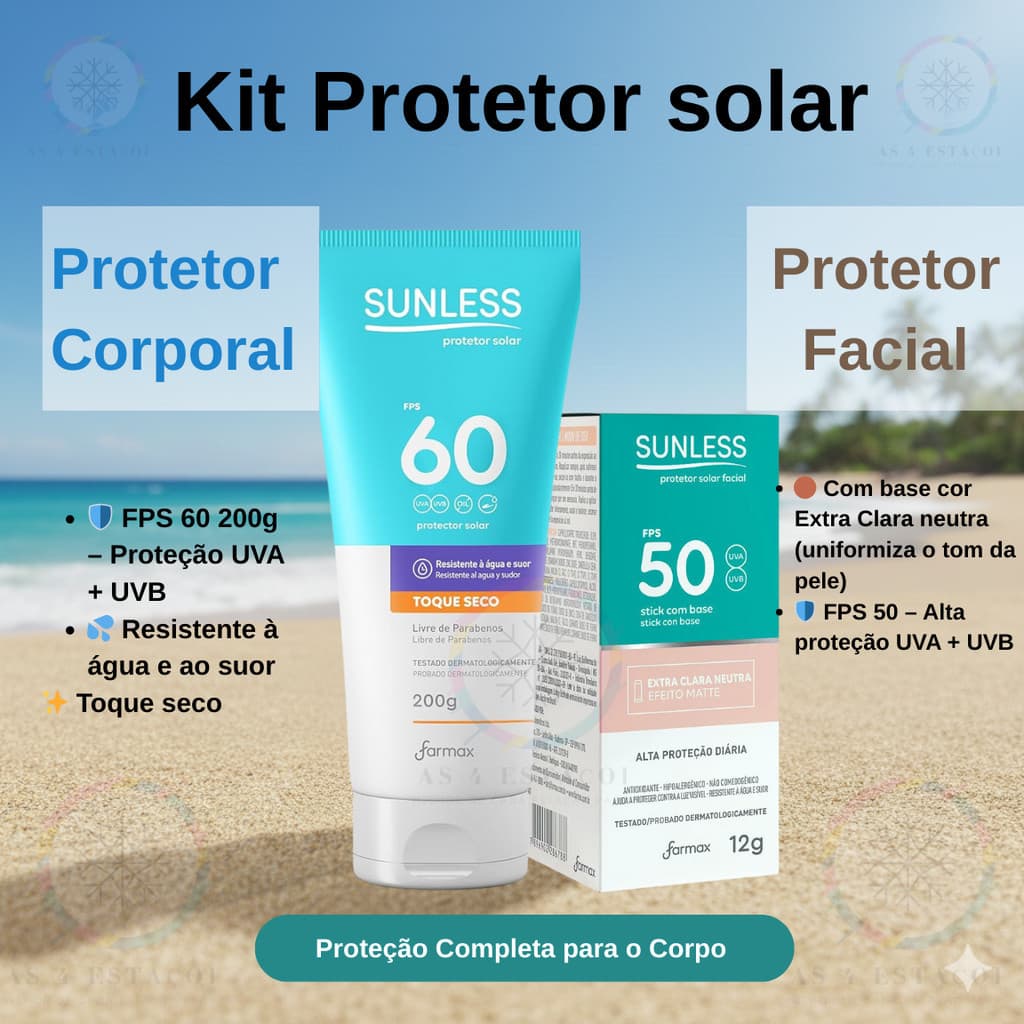 kit Protetor Solar Facial Bastão Extra Clara Neutra + Protetor Solar Corporal FPS 60 200g