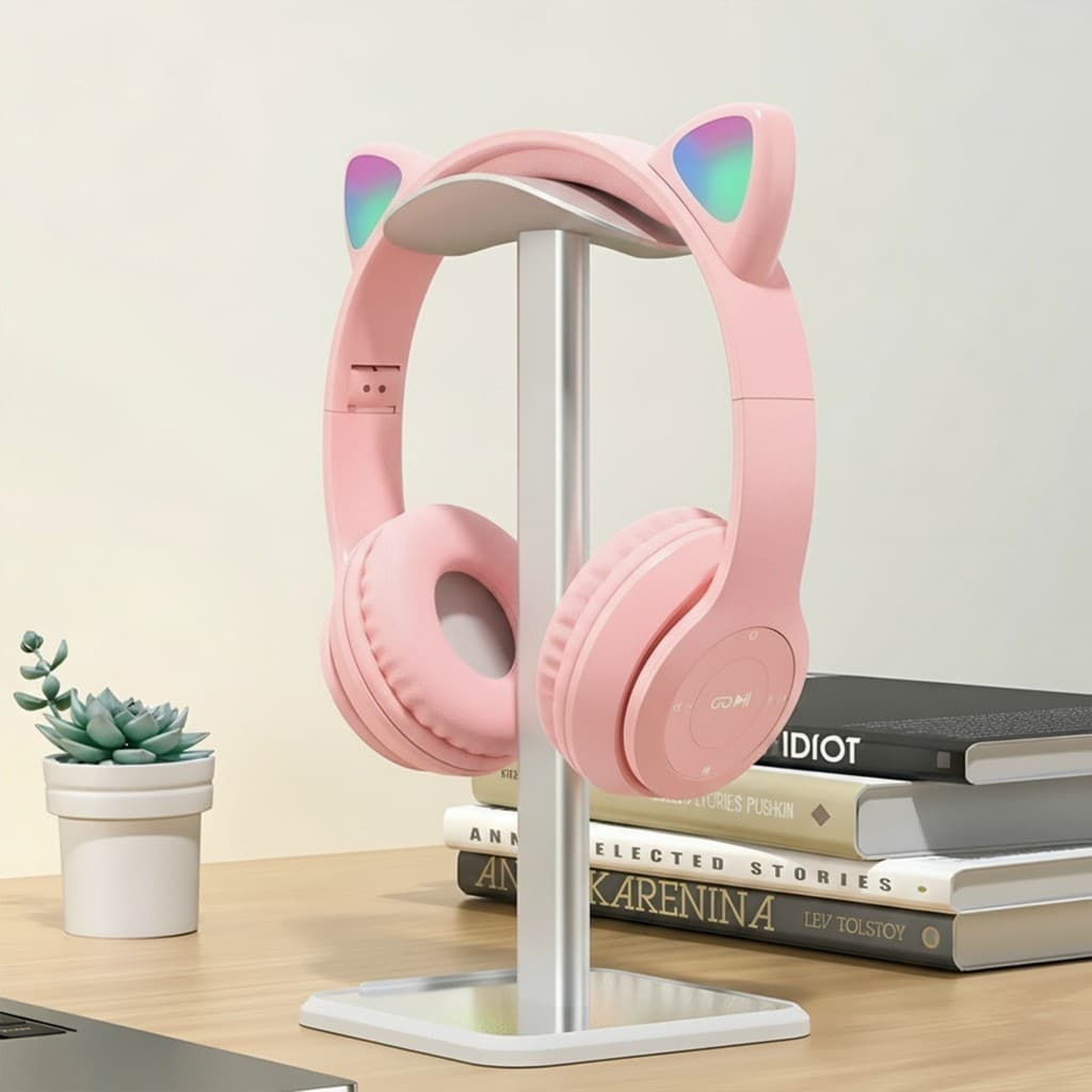 Fone De Ouvido Bluetooth Sem Fio Orelha De Gato LED Gamer Dobrável Som HD Microfone PC