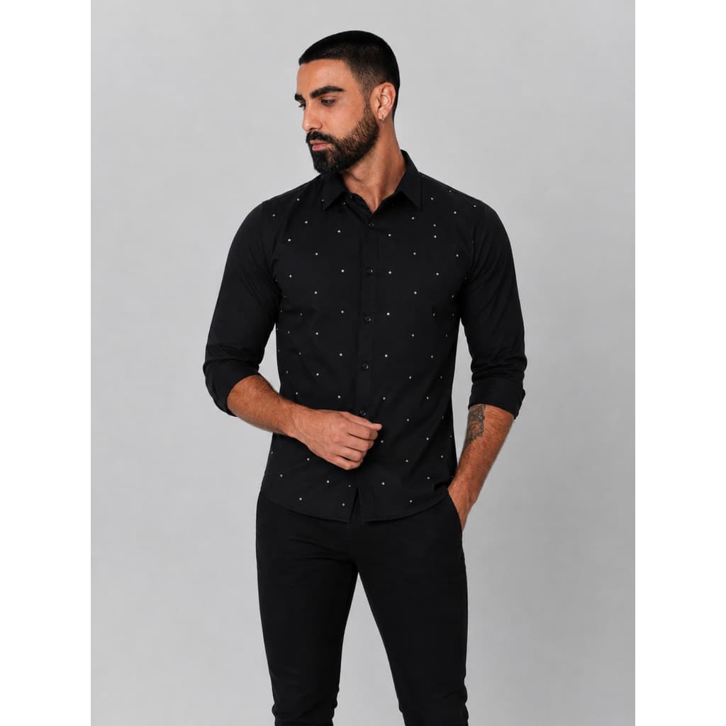 Camisa Social Masculina Preta com Strass Slim Premium Luxo Fashion Elegante Balada Festa LGBT Moderna Manga Longa Social