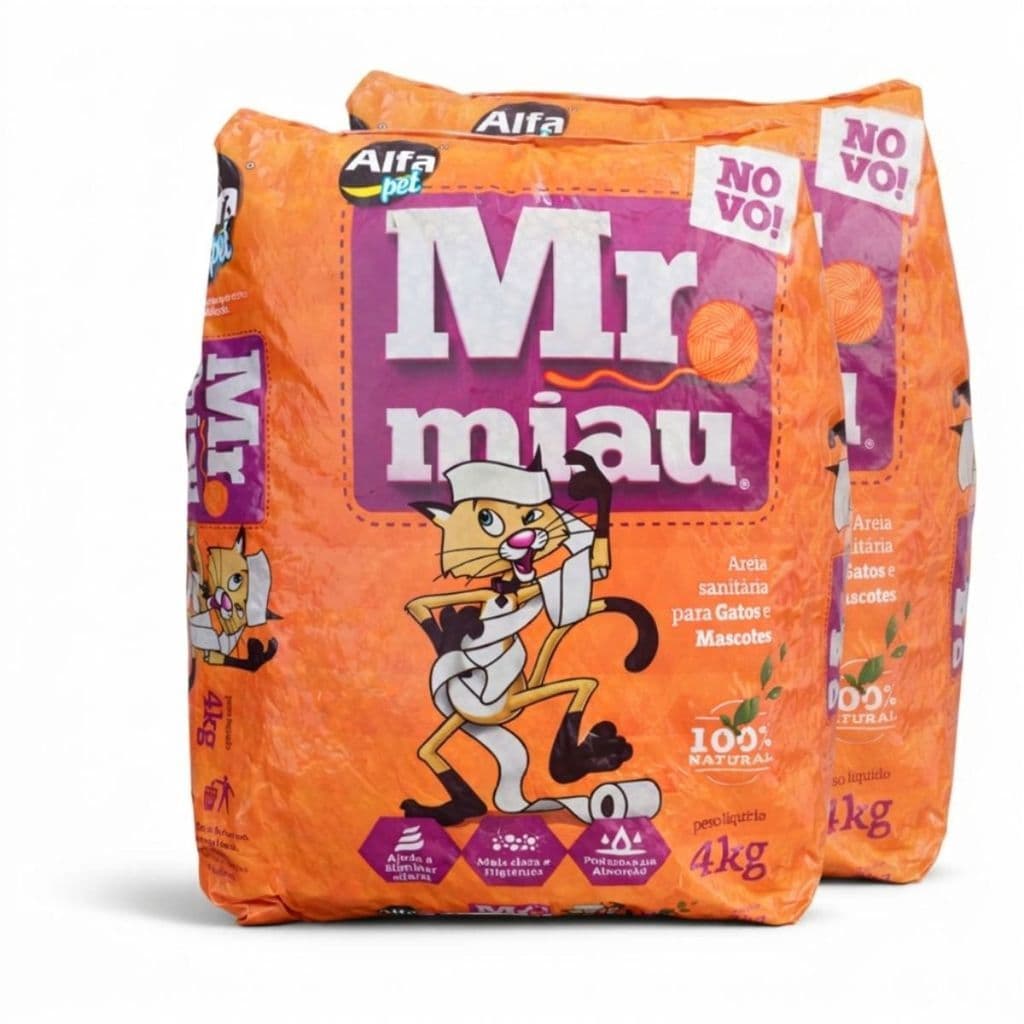 Kit 2 Areia Sanitária Gatos Mr Miau 4kg Natural Premium Ecológica Alta Absorção Não Poeira Leve 8kg