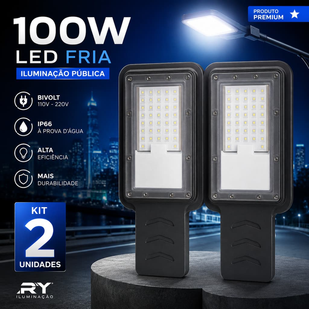 Kit 2 Luminária Pública LED Poste de Rua 100W RY Iluminação Frio IP67 Bivolt 110v-220 A prova d'água LED Poste
