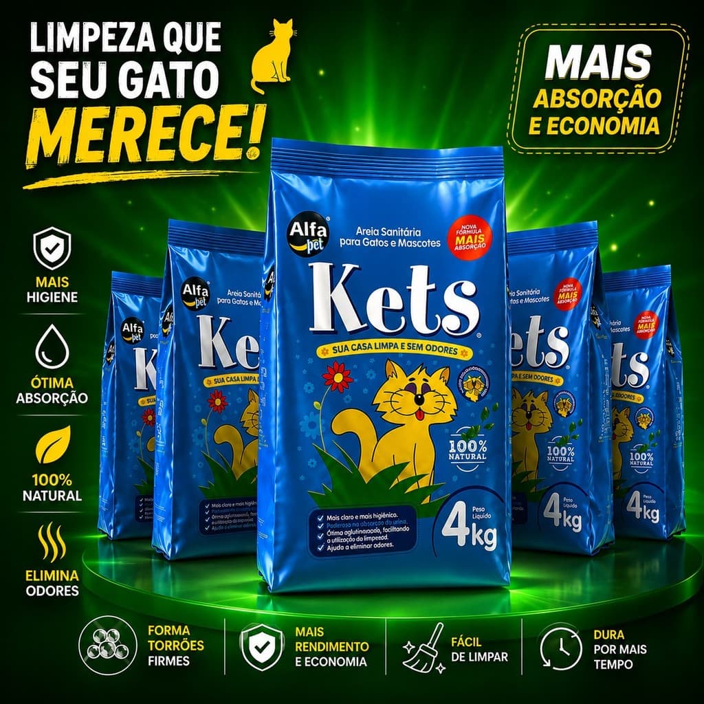 Areia Sanitária para gato Kets Controle Total Mau Cheiro 20kg e 8kg e 4kg