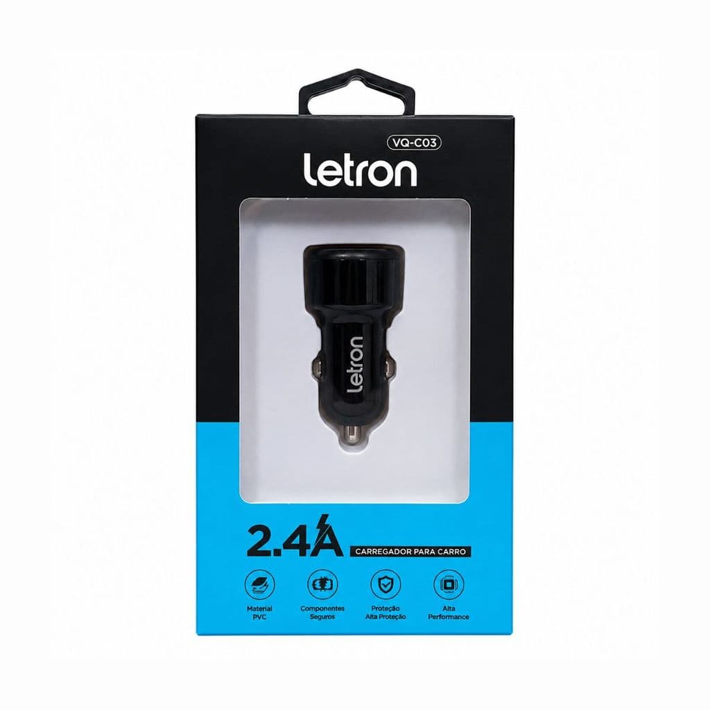 CARREGADOR VEICULAR 2 USB PRETO VQ-C03 (2.4A)