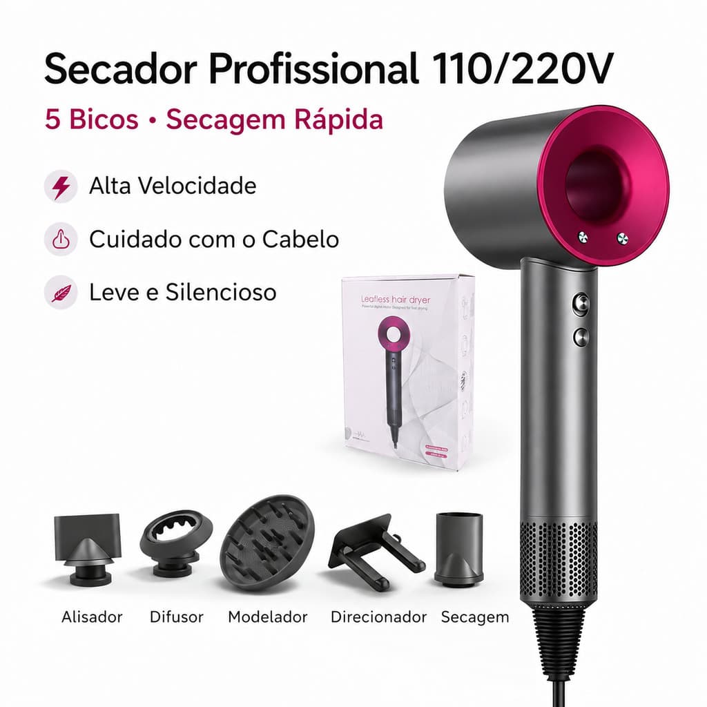 Secador de Cabelo Profissional 110/220V Potente com 5 Bicos e Difusor Secagem Rápida