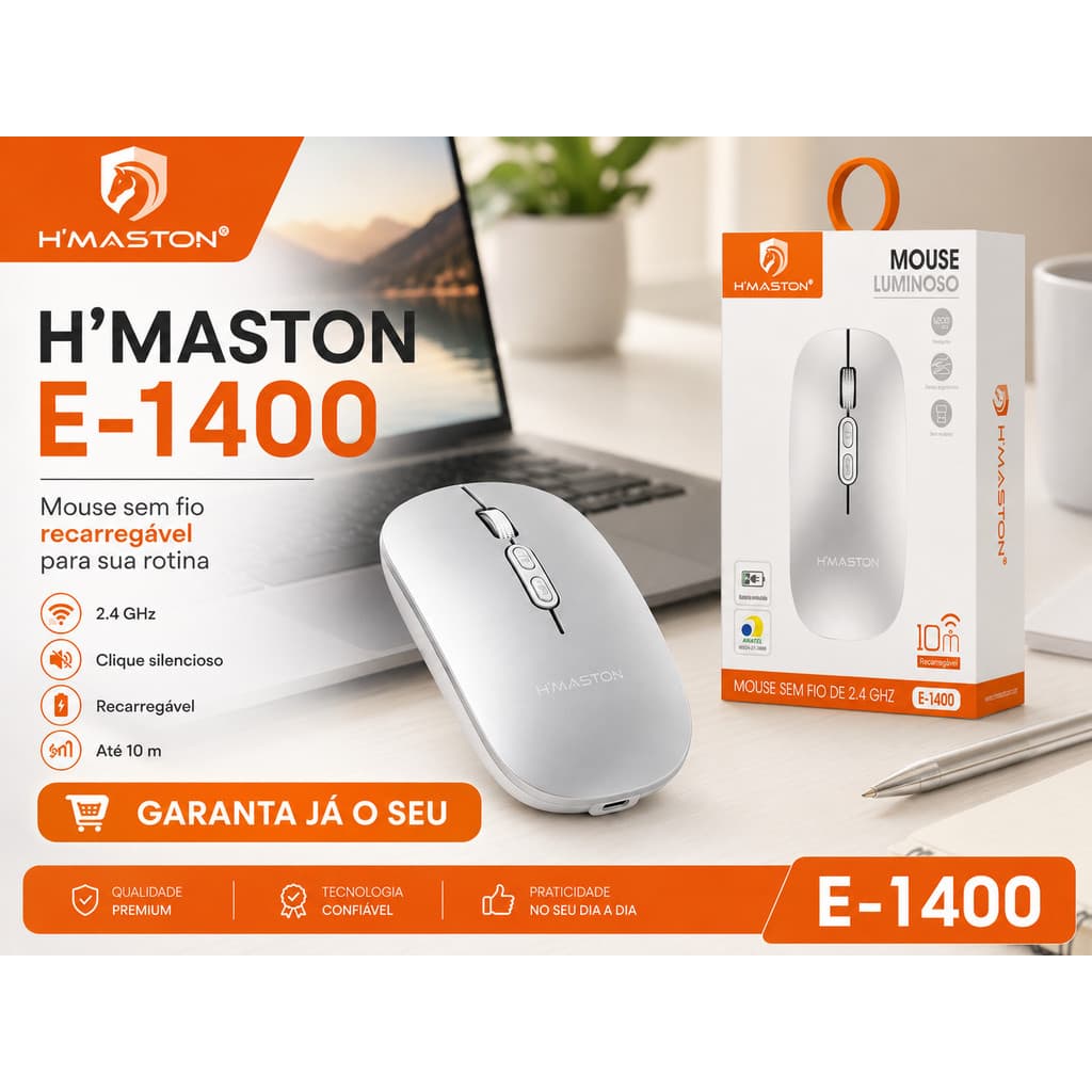 H'maston E-1400 Mouse Sem Fio Rgb Recarregável Wireless Led Ergonômico