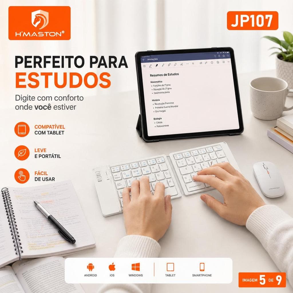 Kit Teclado Bluetooth Dobrável com Mouse Sem Fio Recarregável H'MASTON JP107 para Celular Tablet Notebook até