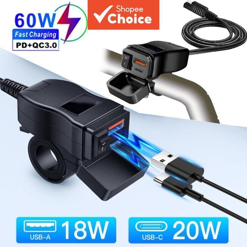  Carregador Rápido Duplo USB para Motocicleta PD QC3.0, Soquete para Guidão à Prova d'Água 12V com Interruptor e