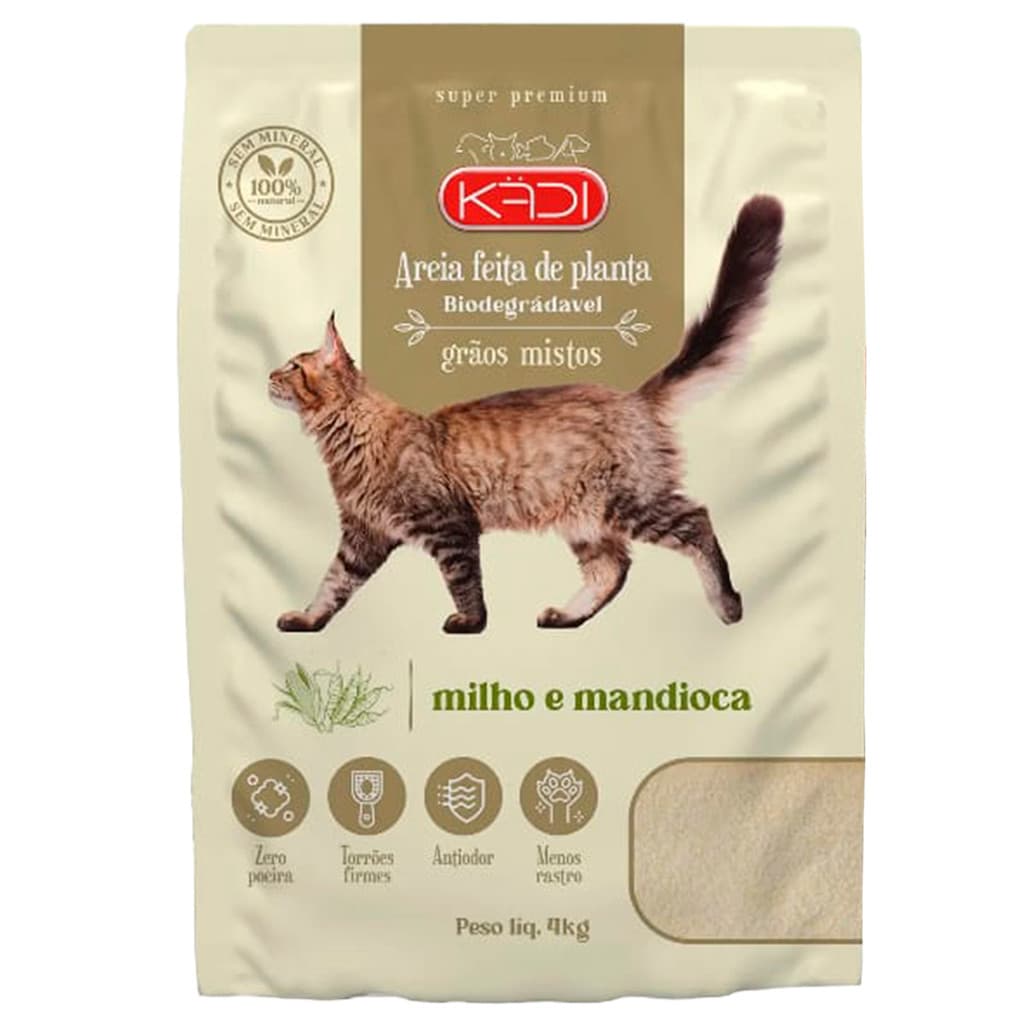Areia sanitária Gatos Kadi grãos mista 4kg Milho e mandioca Natural biodegradável