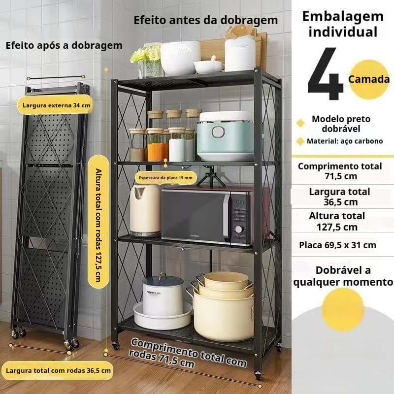 Estante Aço 4 Prateleira Multiuso Organizadora Dobrável Com rodas  Cozinha, sala de estar, varanda 128*71.5*40cm