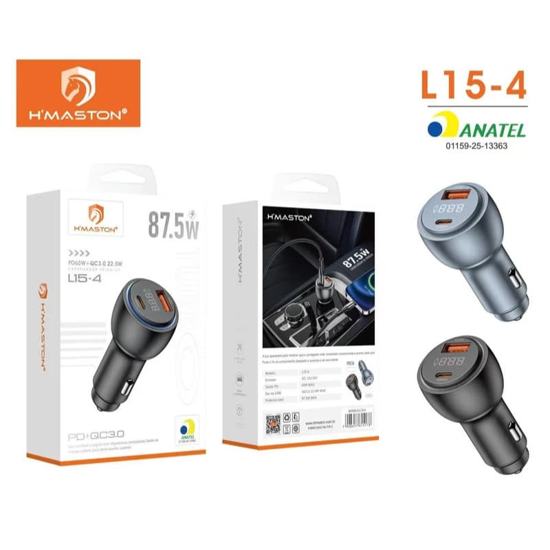 Carregador Veicular H’Maston L15-4 Turbo Duplo USB + USB-C com Visor LED