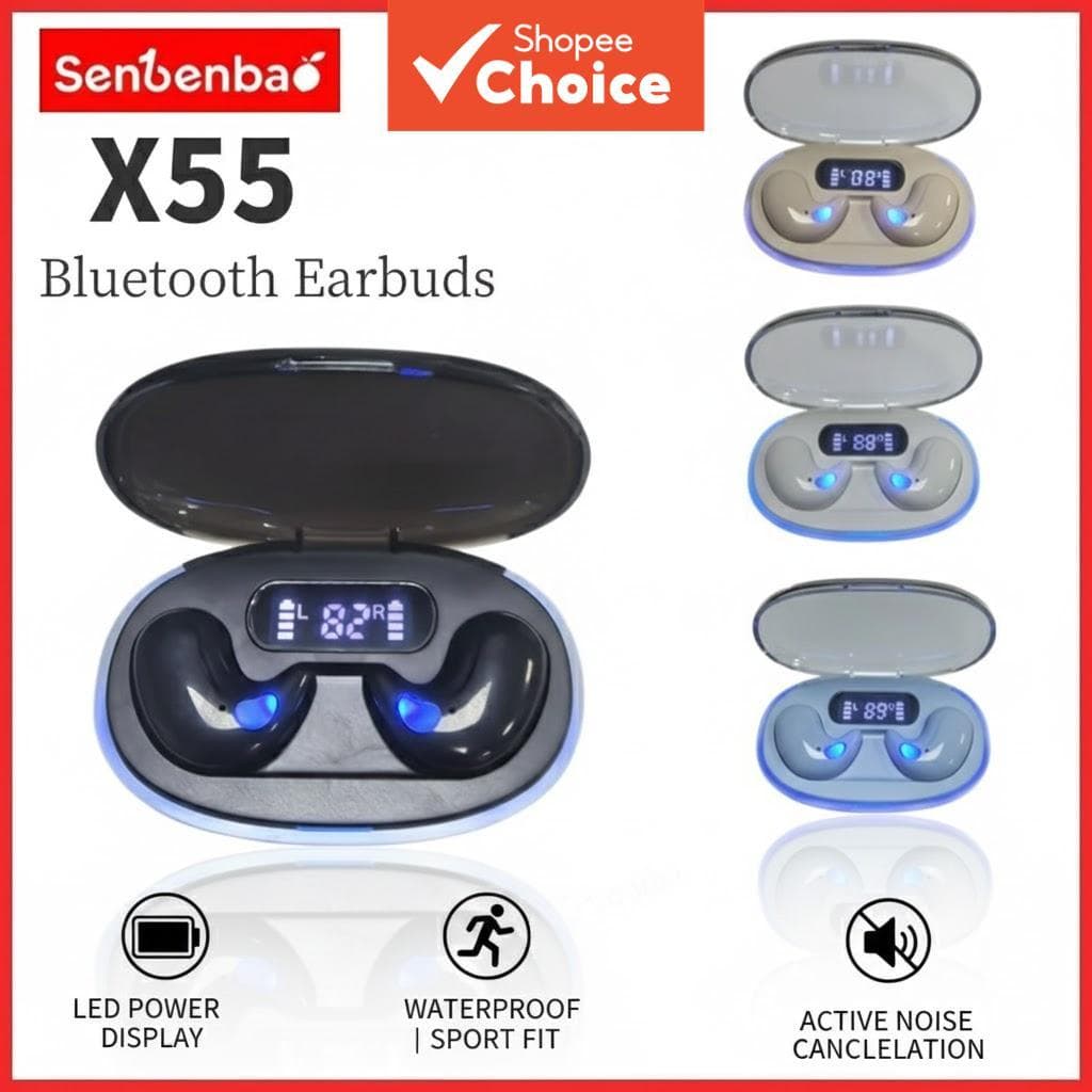 Fones de Ouvido Bluetooth Sem Fio TWS Senbenbao X55, com Display LED, Cancelamento de Ruído, À Prova d'Água, Estéreo