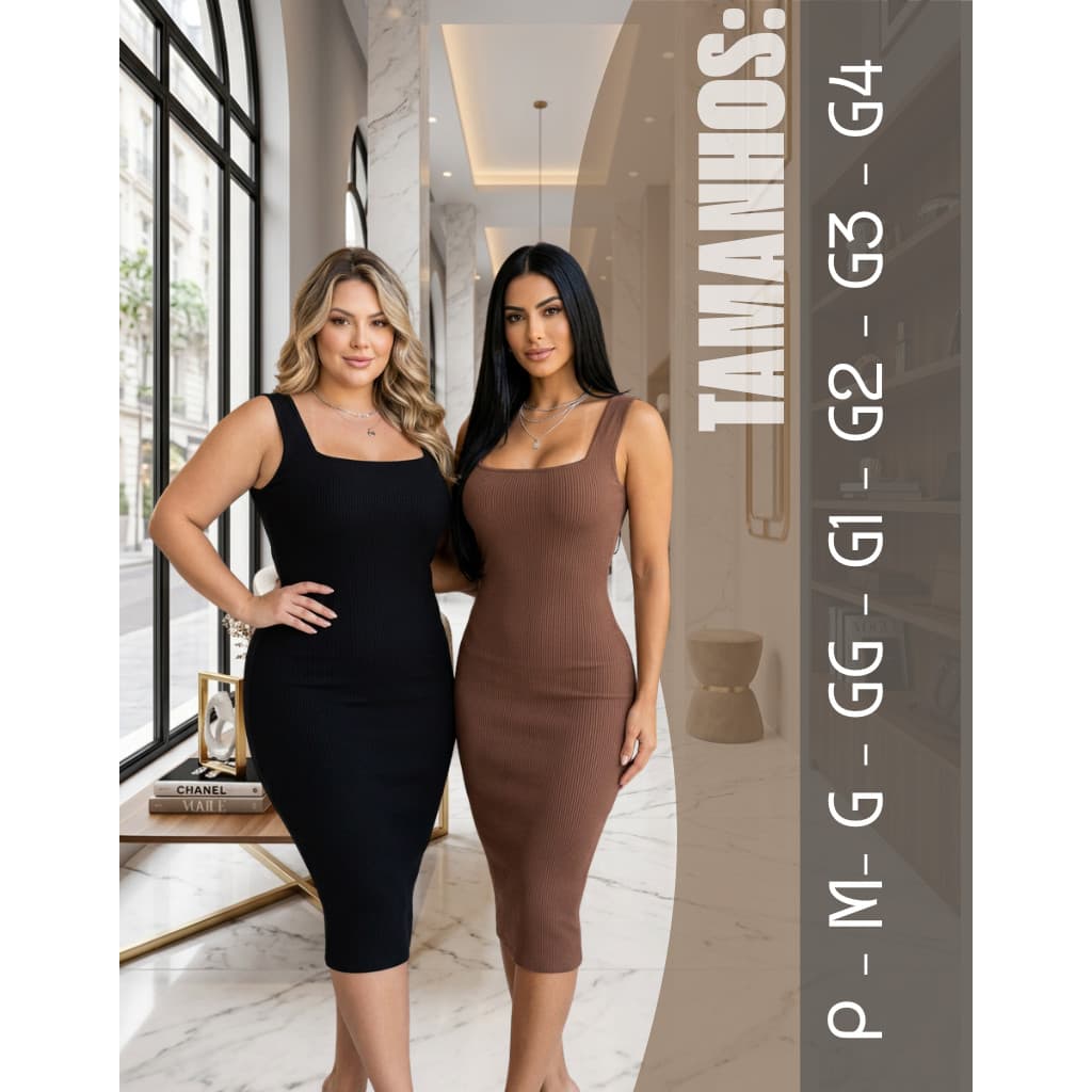 Vestido Midi Feminino Anarruga Alta Compressão Tamanhos P ao G4 Preto e Marrom