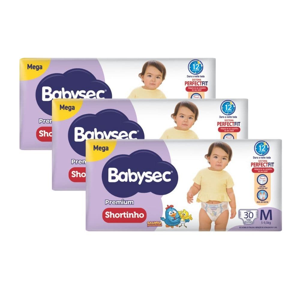 Kit 3 Fralda Shortinho Babysec Premium Tamanho M com 30 Fraldas Descartáveis