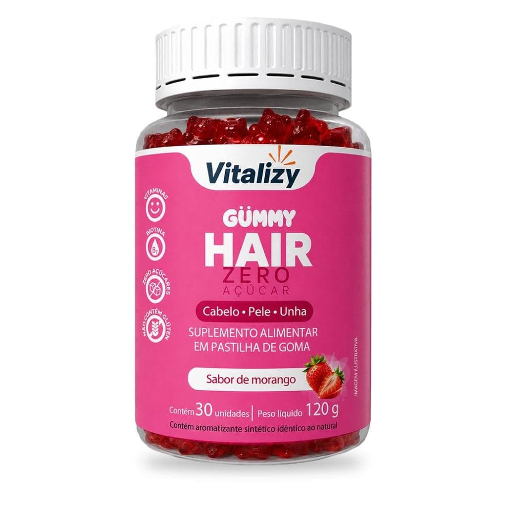 Gummy Hair Vitamina Cabelo Pele Unhas com Biotina Crescimento Capilar 30 Gomas Morango Zero Açúcar Vitalizy Original