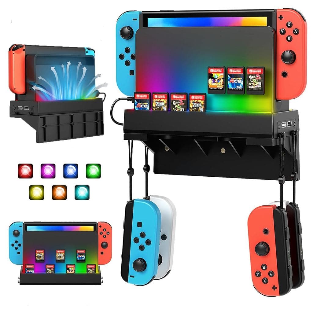 Suporte de Parede RGB para Nintendo Switch/OLED, Prateleira de Controle de Parede com 7 Modos de Luz, Suporte de Parede 