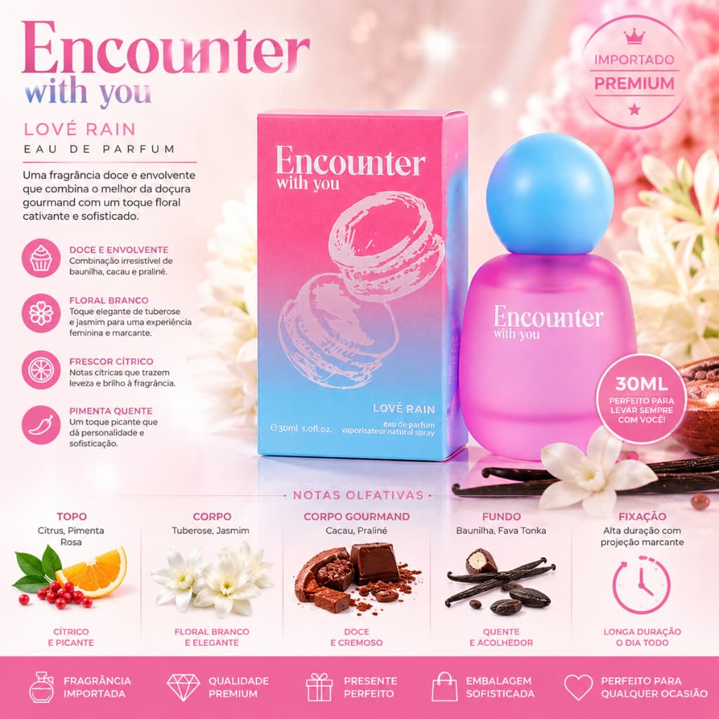 Perfume Feminino Importado Premium 30ml Lové Rain Longa Duração Baunilha Praliné Cacau Floral Branco Alta Fixação