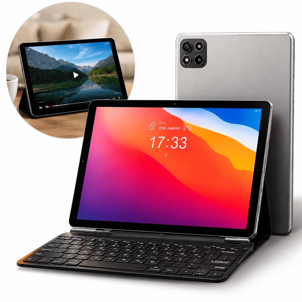 Tablet Com Teclado 10.1 E Mouse Android Wifi Chip 4G 12GB RAM 128gb Armazenamento Câmera Frontal Traseira Capa