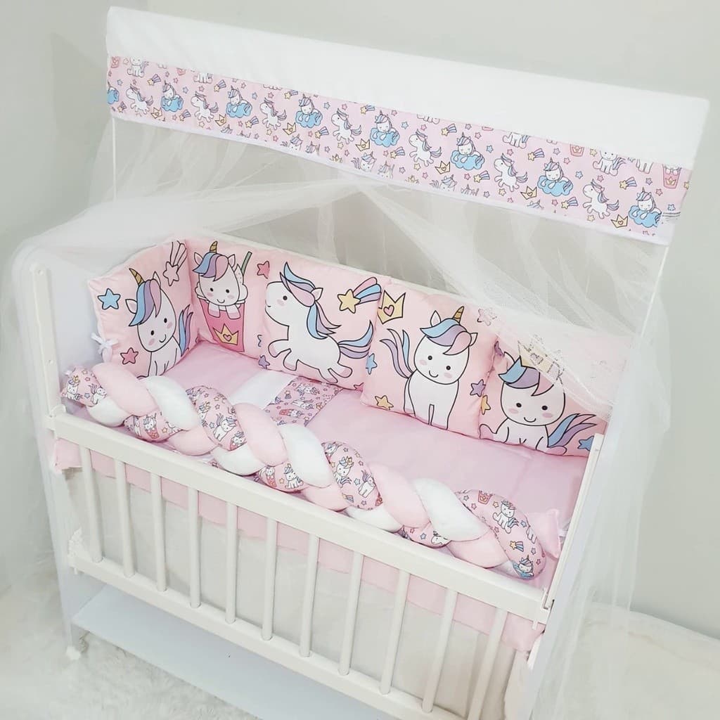 Kit Mini Berço com 12 peças + Saia de Berço Bebê Menina Unicornio