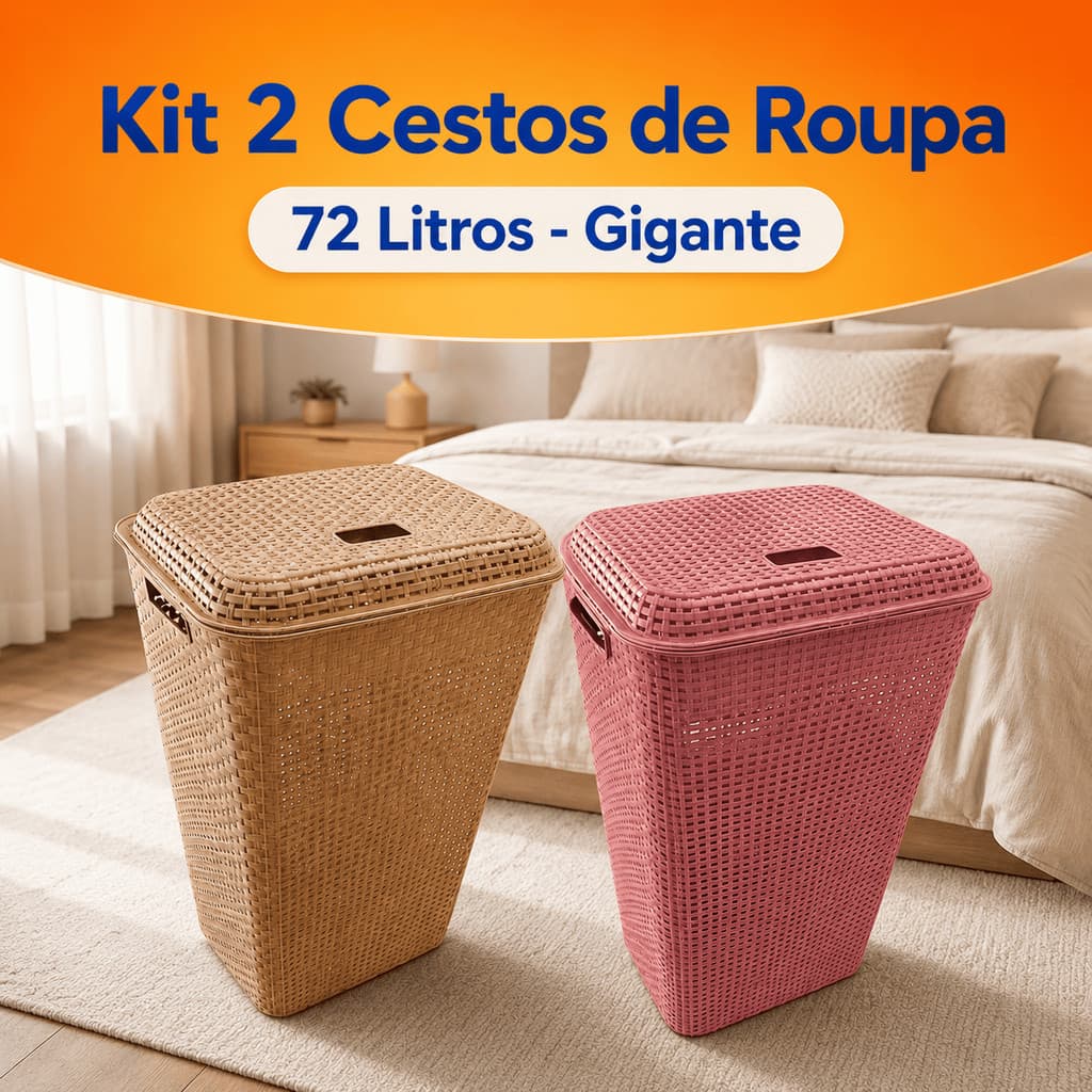 Kit 2 Cesto Roupa Suja 72L Rattan Grande Tampa Organizador Lavanderia Banheiro Família Roupeiro Resistente Envio Rápido