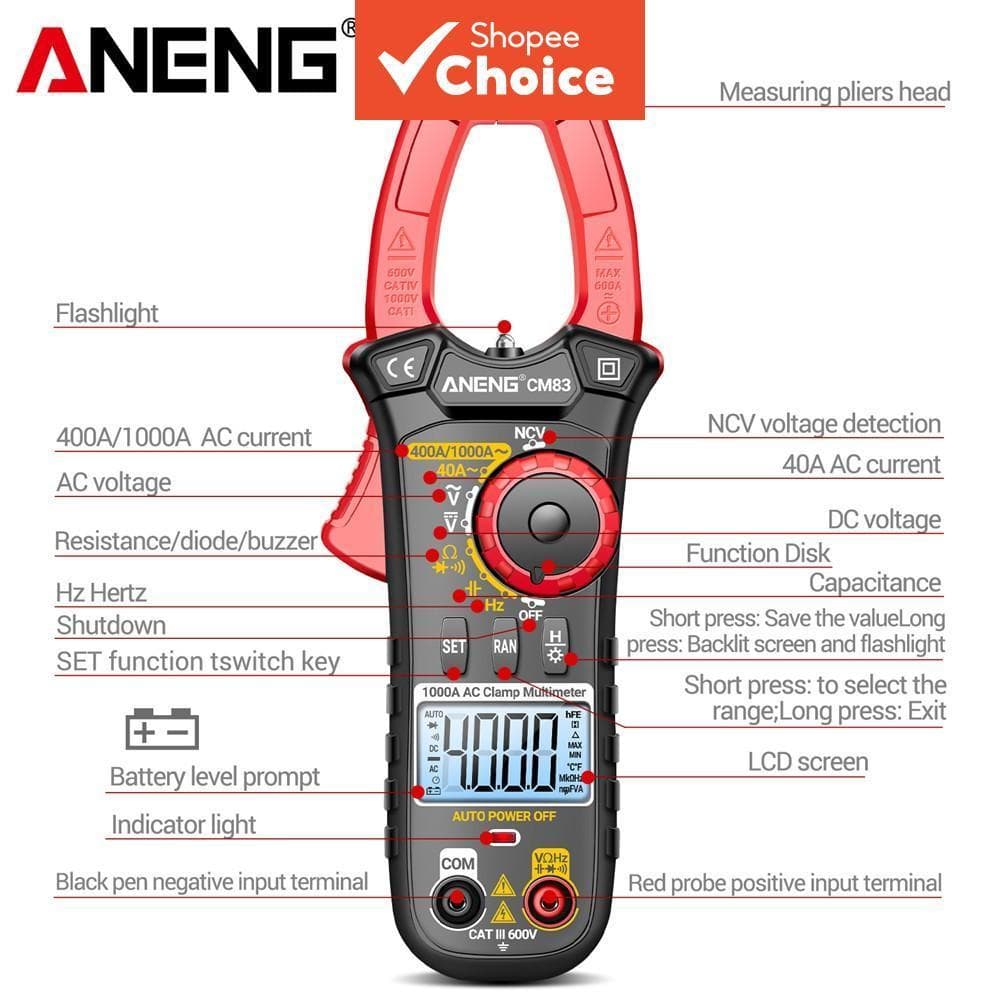 ANENG One Set CM83 1000A Multímetro Medidor De Braçadeira Digital , True RMS 4000 Contagens Com Testador De Capacitância