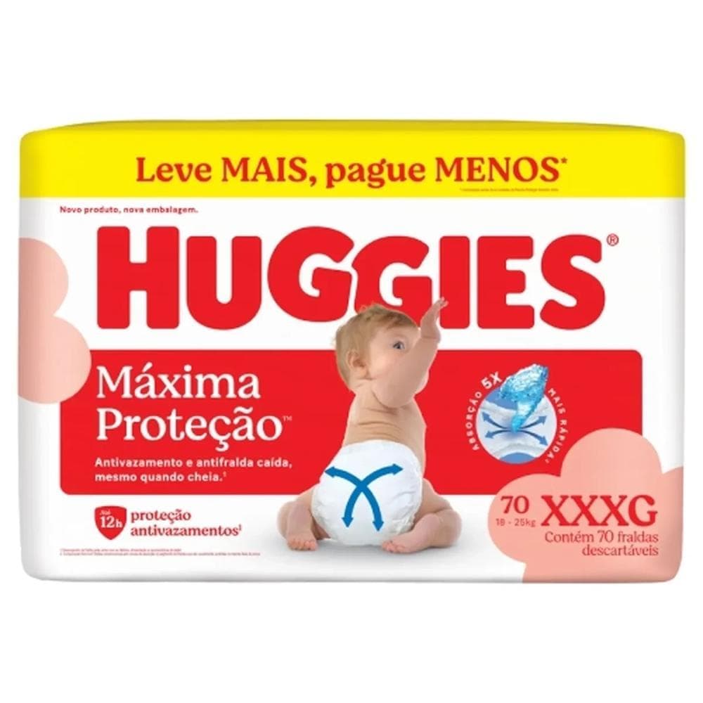 Fralda Descartável Infantil Huggies Máxima Proteção XXXG Pacote 70 Unidades Leve Mais Pague Menos