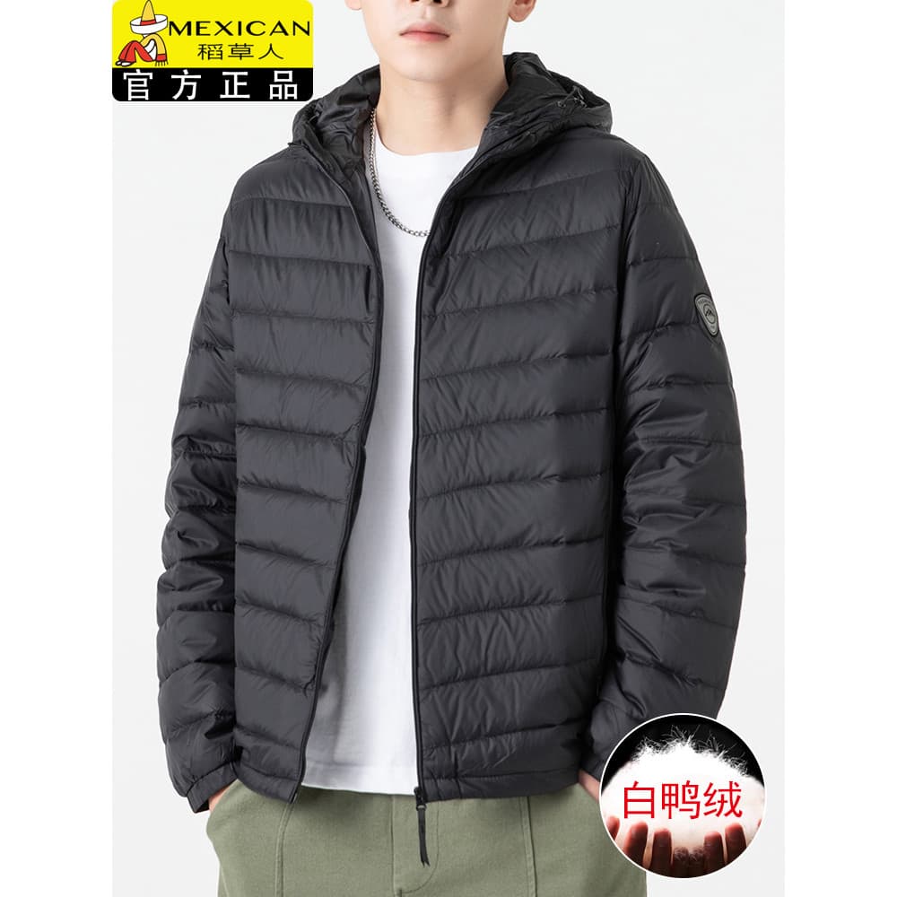 Inverno com capuz curto jaqueta masculina novo estilo pato para baixo jaqueta térmica leve costelas de porco jaqueta rou