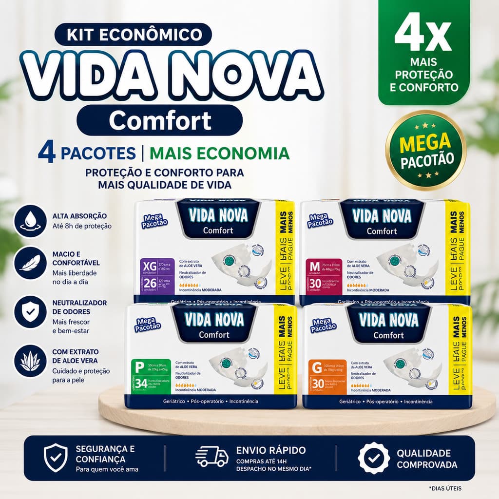Fralda Geriátrica Vida Nova Comfort – Conforto e Proteção Total (Escolha seu Tamanho)
