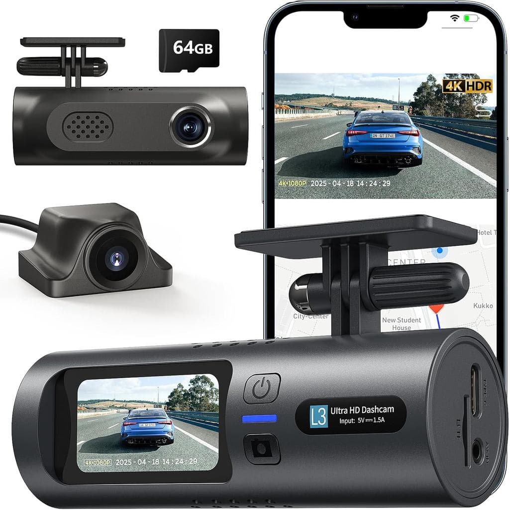 Câmera Veicular Dupla 4K Frontal e Traseira 4K/1080P Full HD para Carros, Câmera Automotiva com Wi-Fi 5G e Controle por 