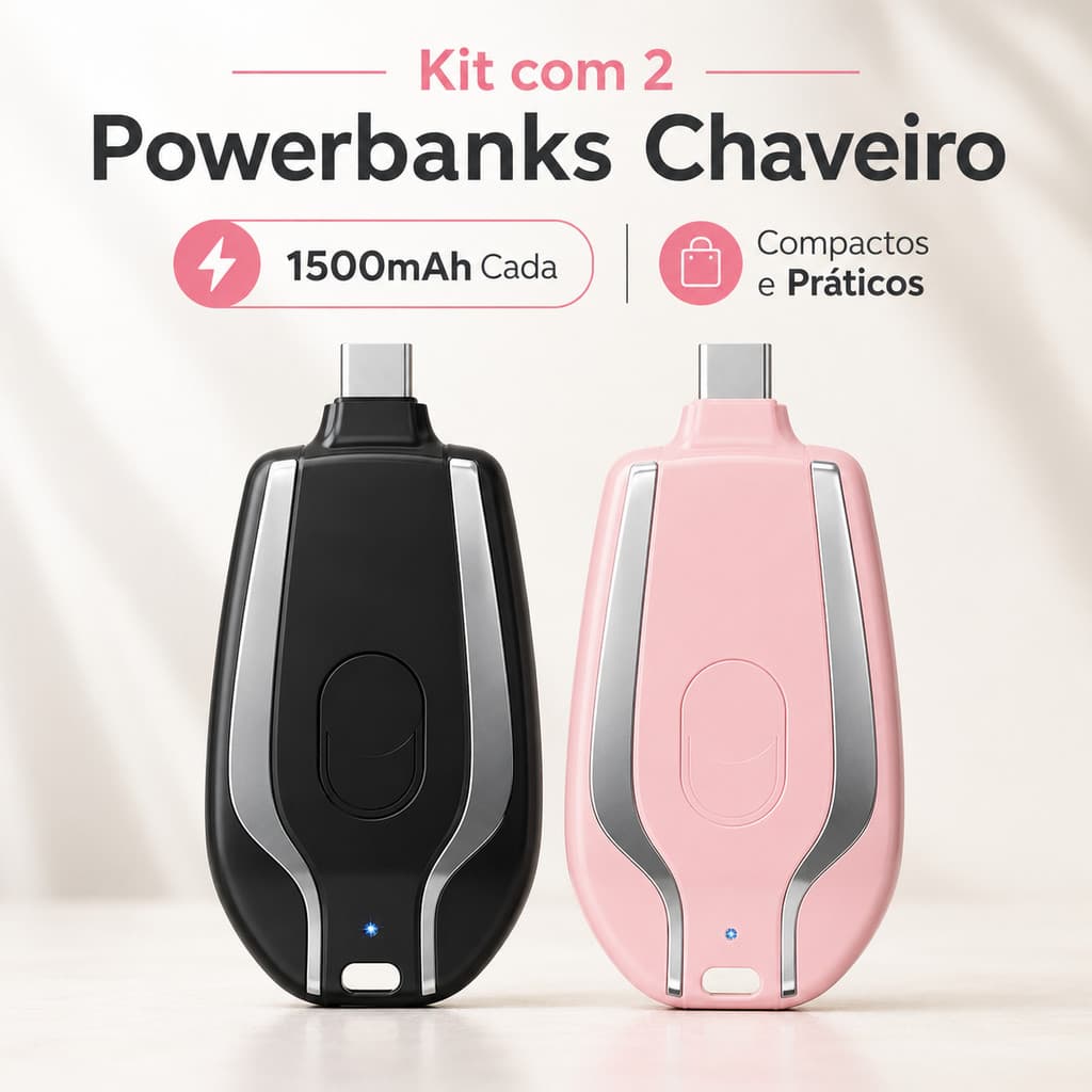 KIT 2 Carregador de Chaveiro Portátil 1500mAh | Mini Bateria Ultra-Compacta com Carregamento Rápido TIPO-C