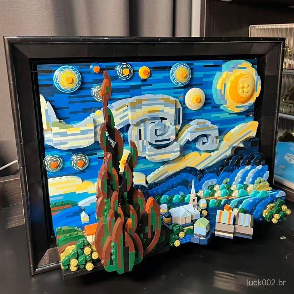 Blocos de Montar Céu Estrelado de Van Gogh, Noite de Estrelas e Lua, Compatíveis com Lego, Presentes para Homens e Mulhe