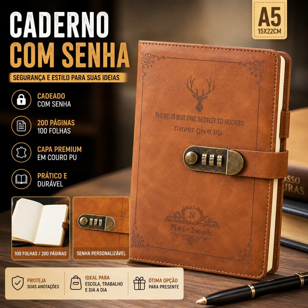 Caderno A5 Com Senha Cadeado Vintage 192 Páginas Diário Notebook Couro PU Presente
