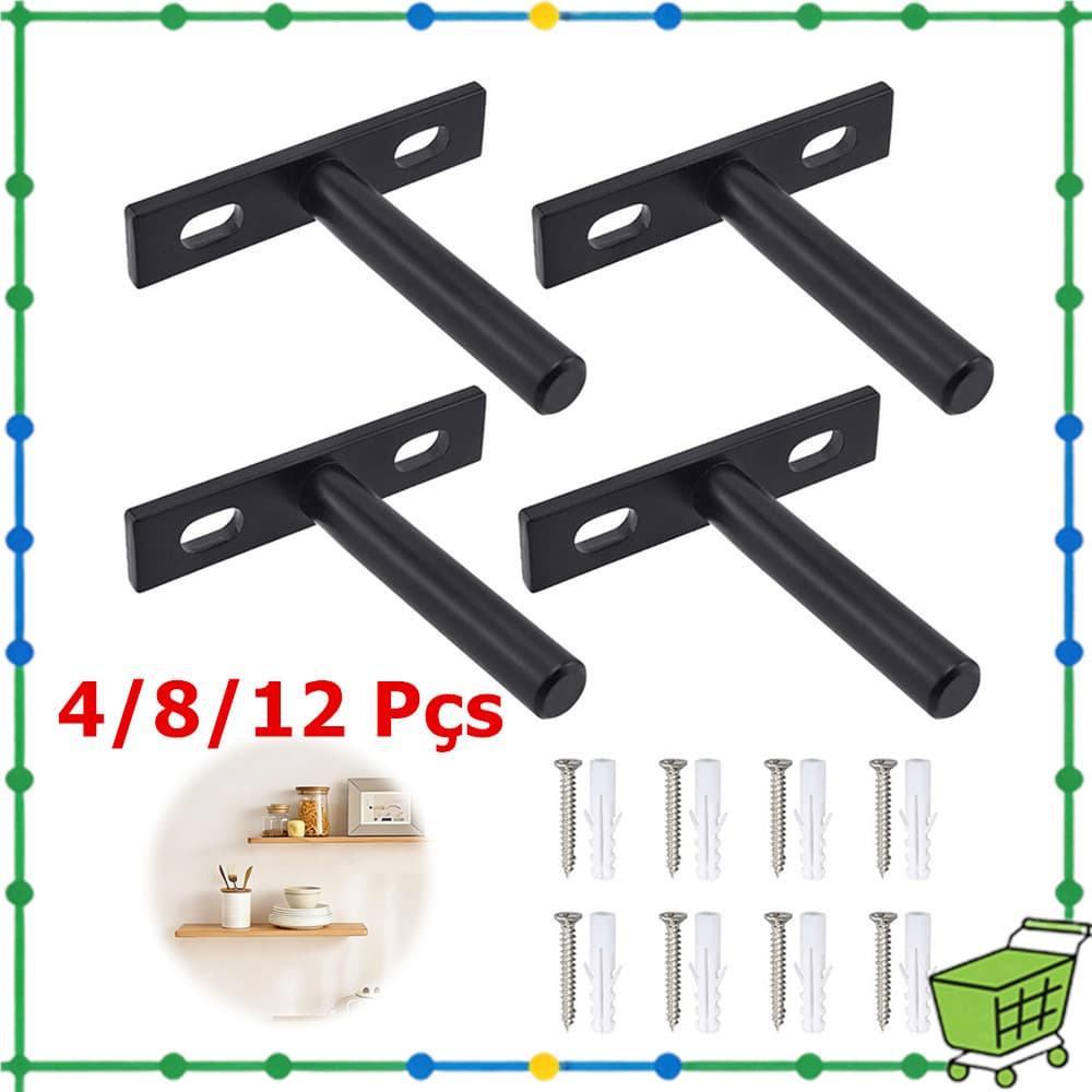 4-12pcs suporte de montagem em parede, suporte de prateleira preto invisível, suporte de Metal pesado