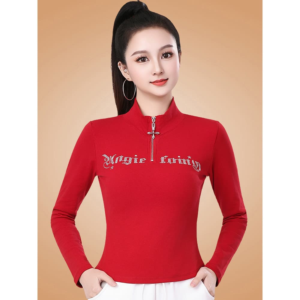 Roupas de dança quadrada meio zíper de manga comprida topo feminino esportes fitness roupas de dança diamante quente fit