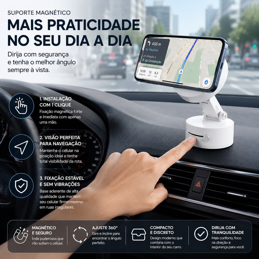 Suporte para Celular Carro Magnético Dobrável 360° Vácuo Dupla Face Ímã Forte Ajustável Estável Anti-Deslizante