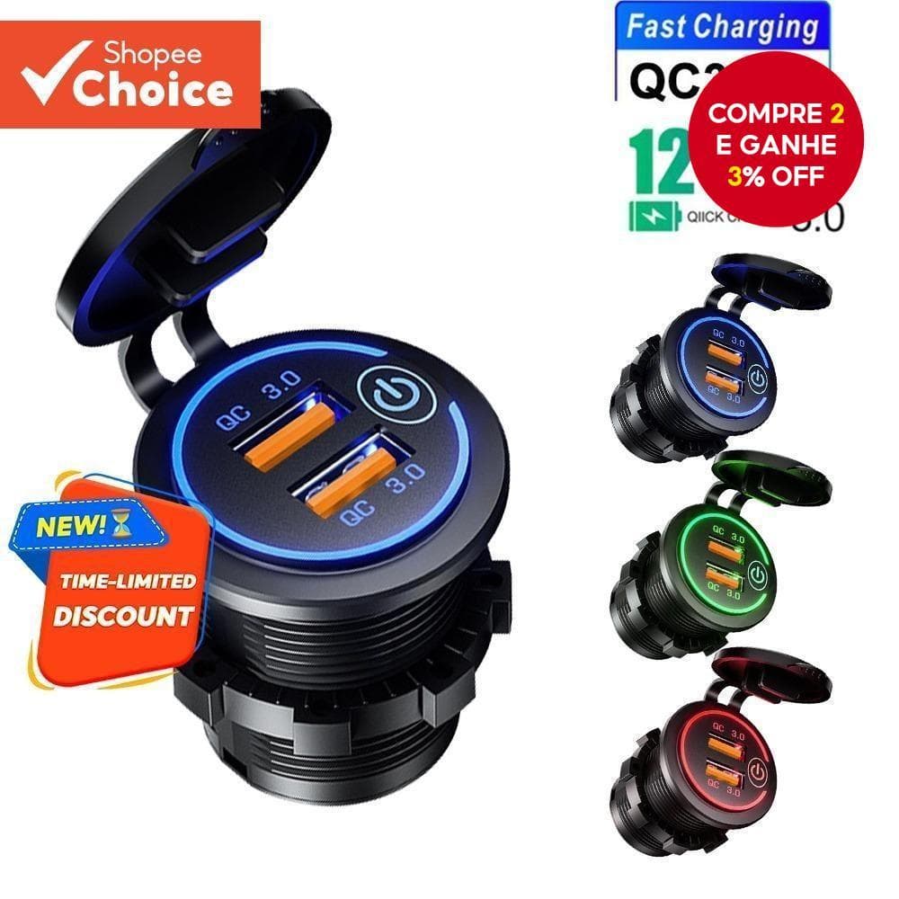 Carregador De Carro Duplo QC 3.0 , À Prova D'água , Tomada USB De Carregamento Rápido Com Interruptor Para Acessórios De