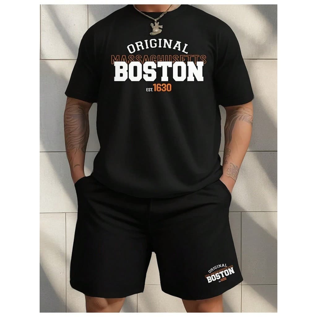 Kit Camiseta + Short Mole Conjunto Boston Conjunto Camiseta Malha 100% algodão Linha Premium + Bermuda Moletom