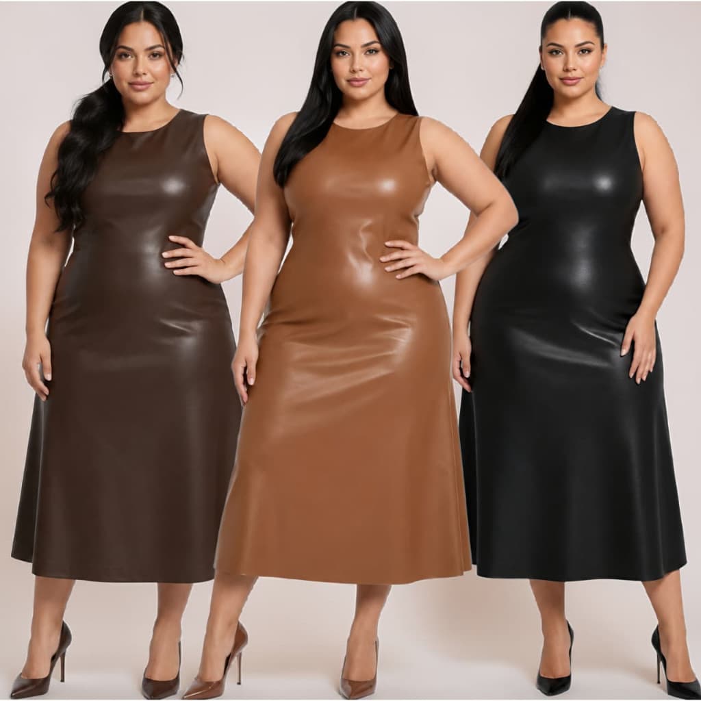 Vestido Plus Size Valentina Feminino Longuete Couro Regata Soltinho Moda Elegante