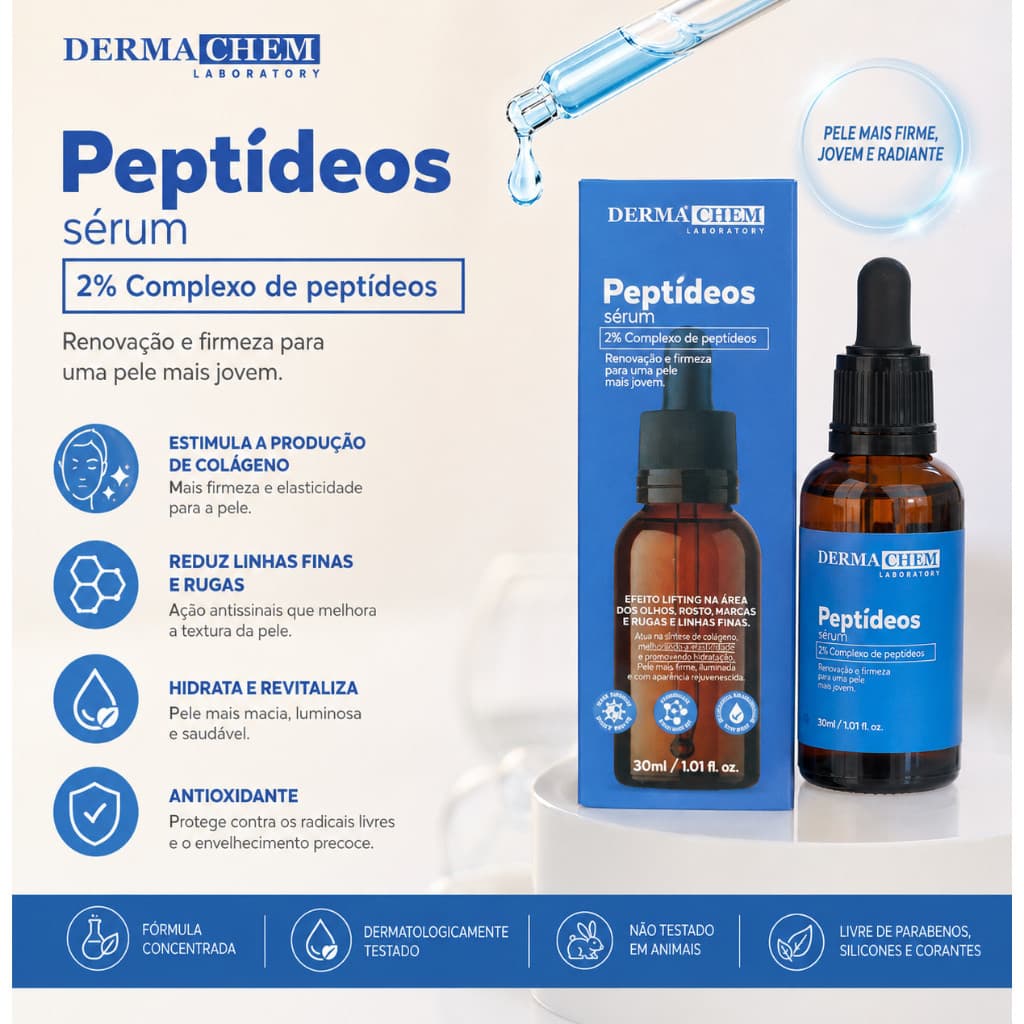 Sérum Facial Derma Chem Peptídeos ou Bioretinol Anti-Idade Anti-Rugas Firmeza Elasticidade e Hidratação