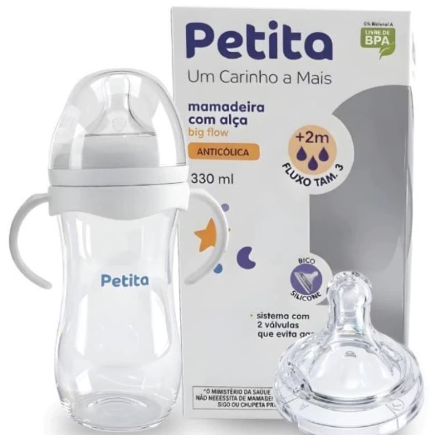 Mamadeira Bebe Petita Big Flow c/ Alça removível 330ml  BPA Free Anticólica Infantil