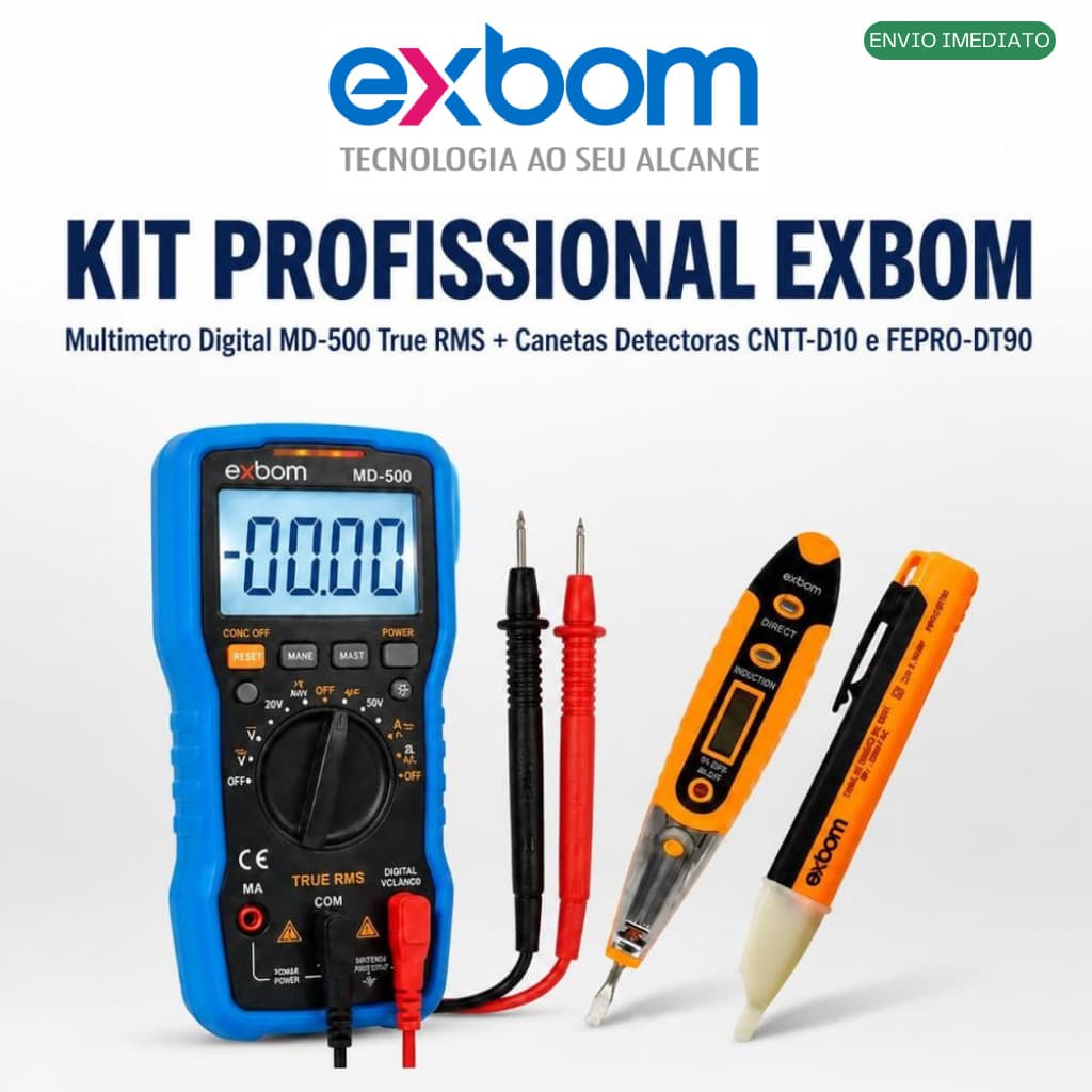 Kit Multímetro Digital MD-500 True RMS + 2 Canetas Detectoras de Tensão e Corrente EXBOM  