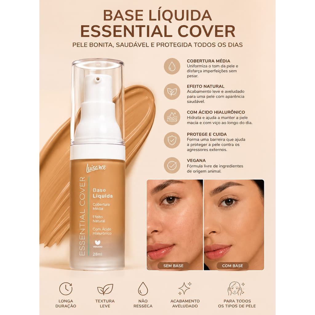 Base Líquida Essential Cover Cobertura Média Efeito Natural Com Ácido Hialurônico Vegana