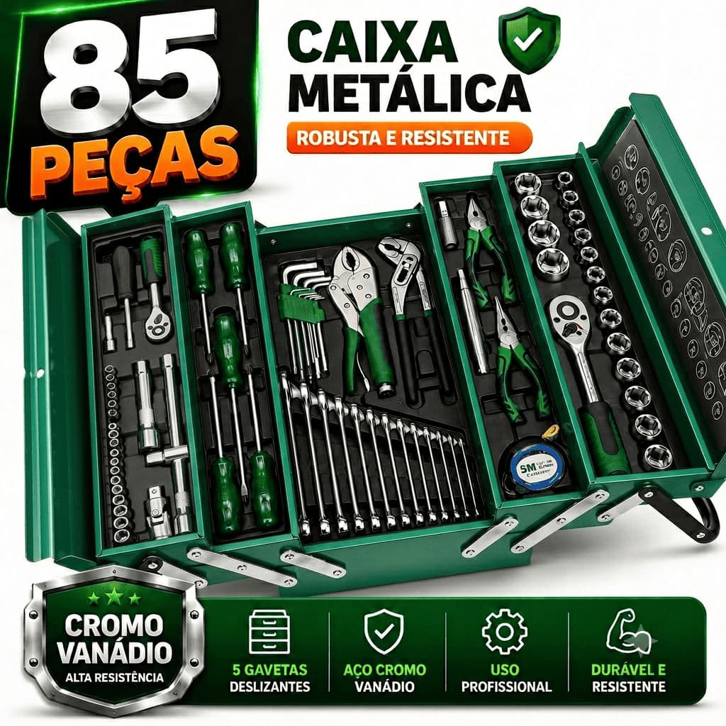 Kit Caixa de Ferramentas Profissional 85 Peças Cromo Vanádio Caixa Metálica 5 Gavetas Oficina Mecânica
