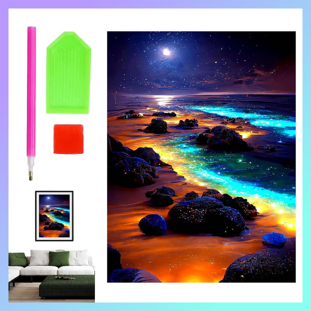40x30cm pintura diamante infantil praia lua conjunto, pintura diamante redondo adulto 5D diamante arte pintura DIY