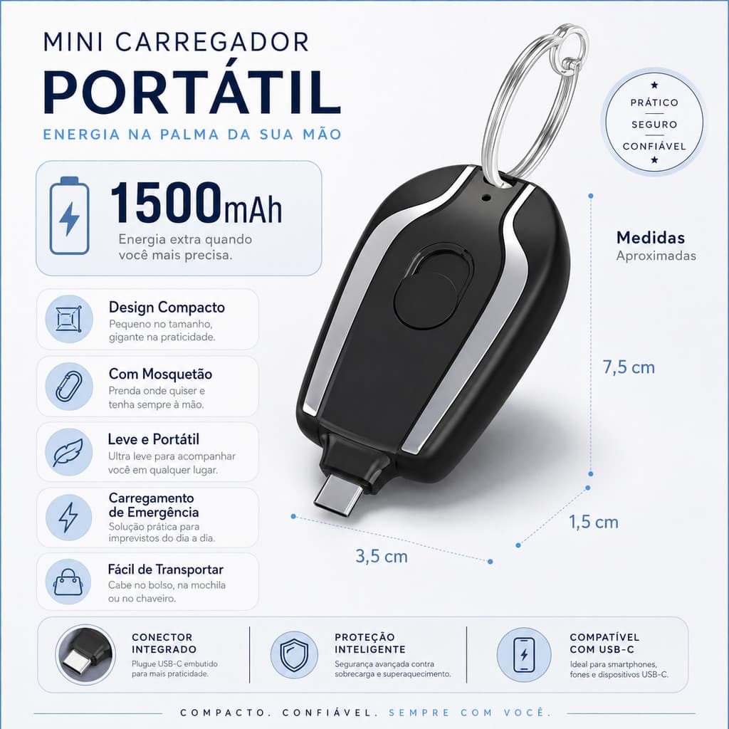 Carregador de Chaveiro Portátil 1500mAh | Mini Bateria Ultra-Compacta com Carregamento Rápido para Emergência