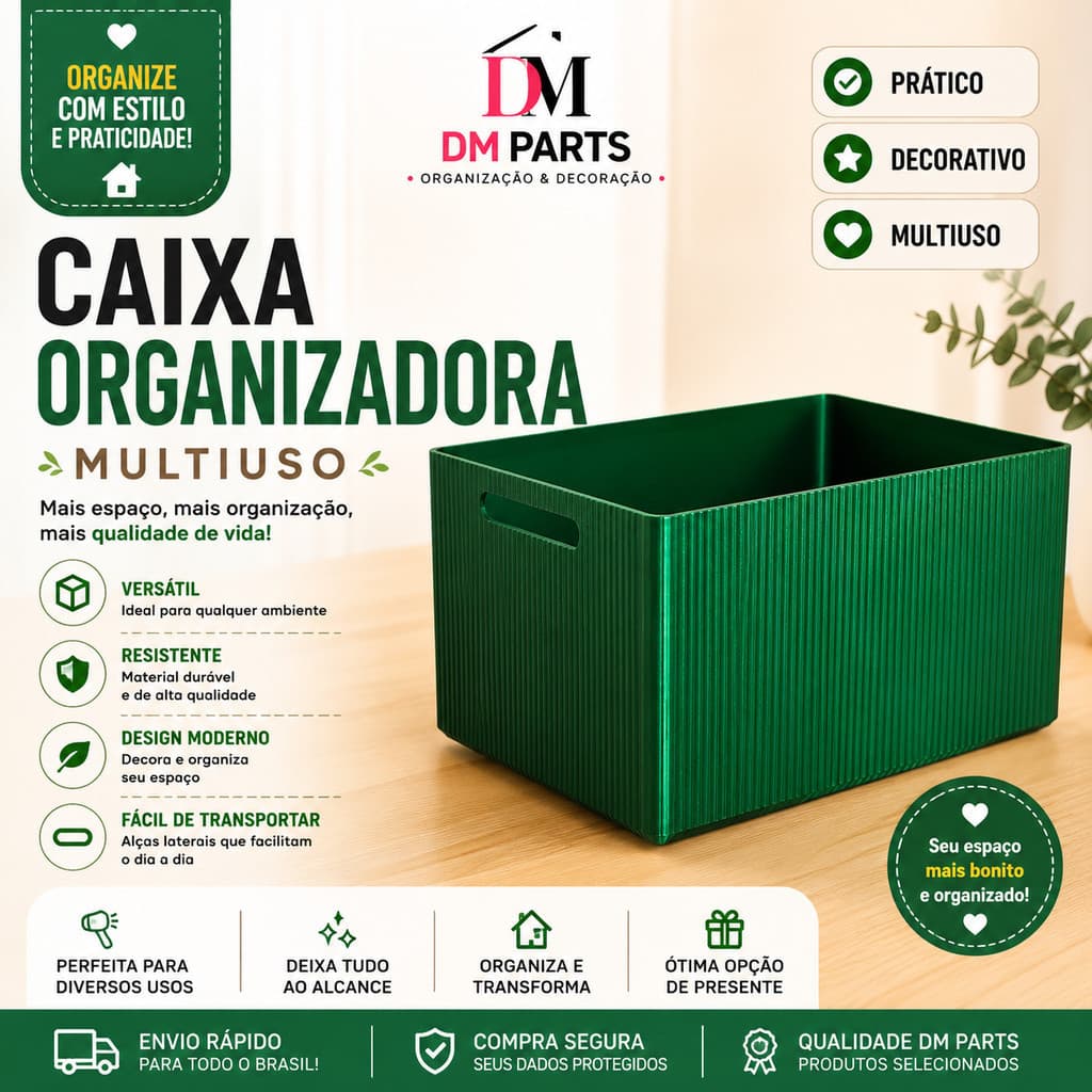 Caixa Organizadora Multiuso Grande Decorativa Verde Cesto Organizador Moderno Para Quarto Banheiro Escritório Nicho