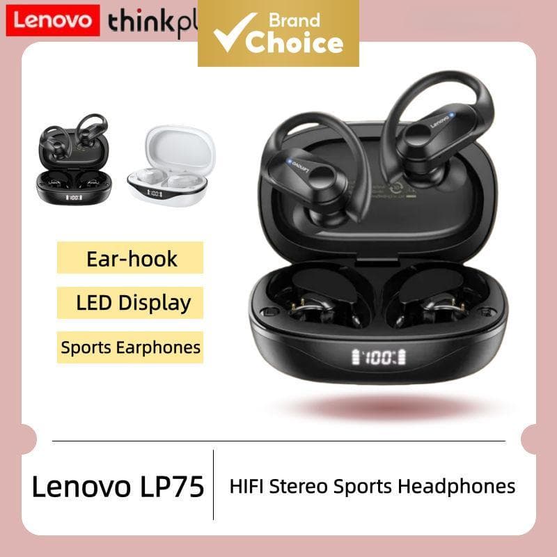 Fones de Ouvido Lenovo LP75 – Fones Bluetooth 5.3 Sem Fio, Som HiFi Estéreo, Display LED de Bateria, À Prova d’Água,