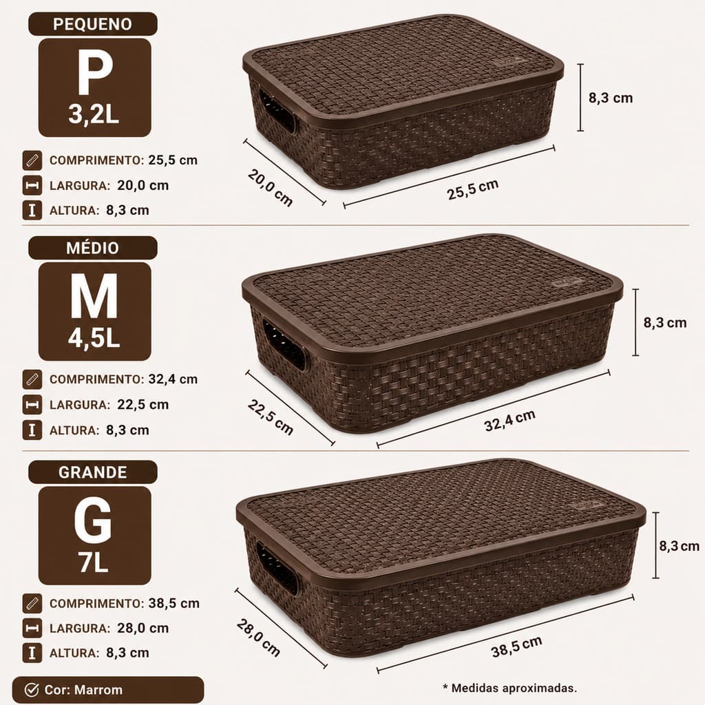 Cesto Rattan Com Tampa Baixo Marrom Multiuso Para Banheiro e Cozinha Organizador 