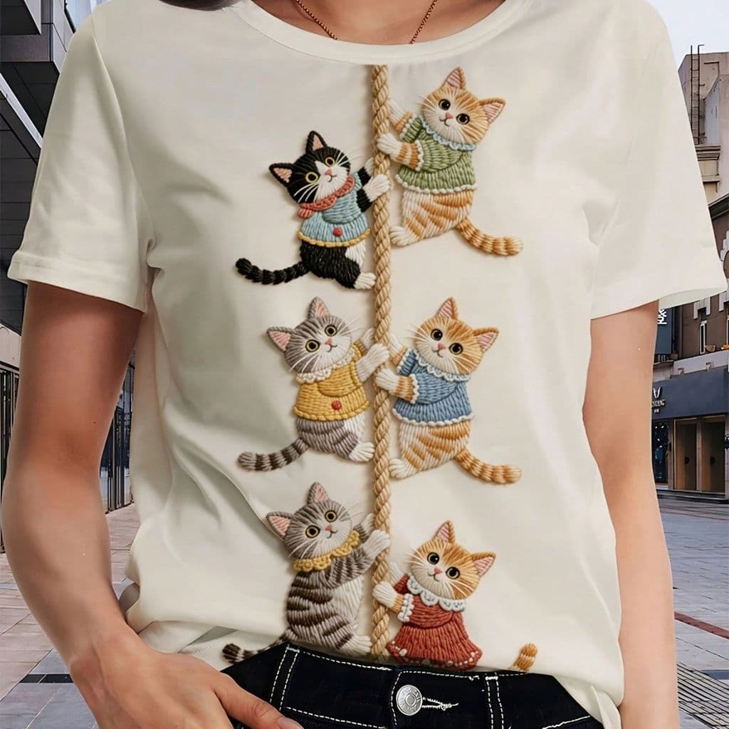 Camiseta Blusa Feminina Manga Curta Estampa De GATINHO FOFO Subindo Corda Animal Lançamento